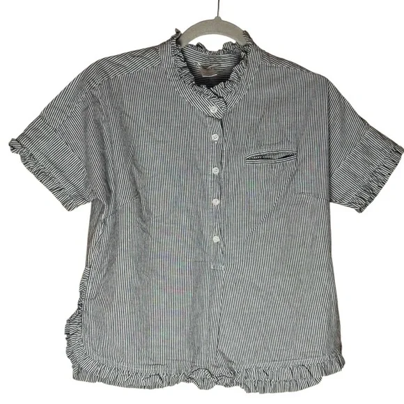 Eskey Gray White Pinstripe Ruffle Trim 100% Cotton Top Size M - Picture 2 of 9